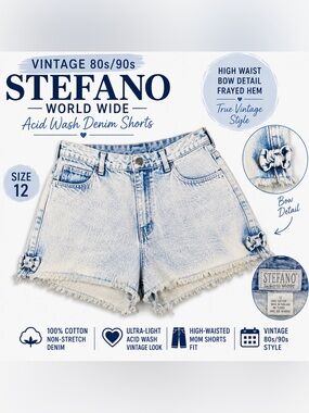 Vintage Stefano World Wide Acid Wash Denim Shorts Size 12 High Waist Bow Jorts